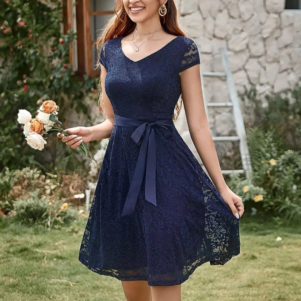BeryLove Navy Floral Lace Cap Sleeve Midi Dress
